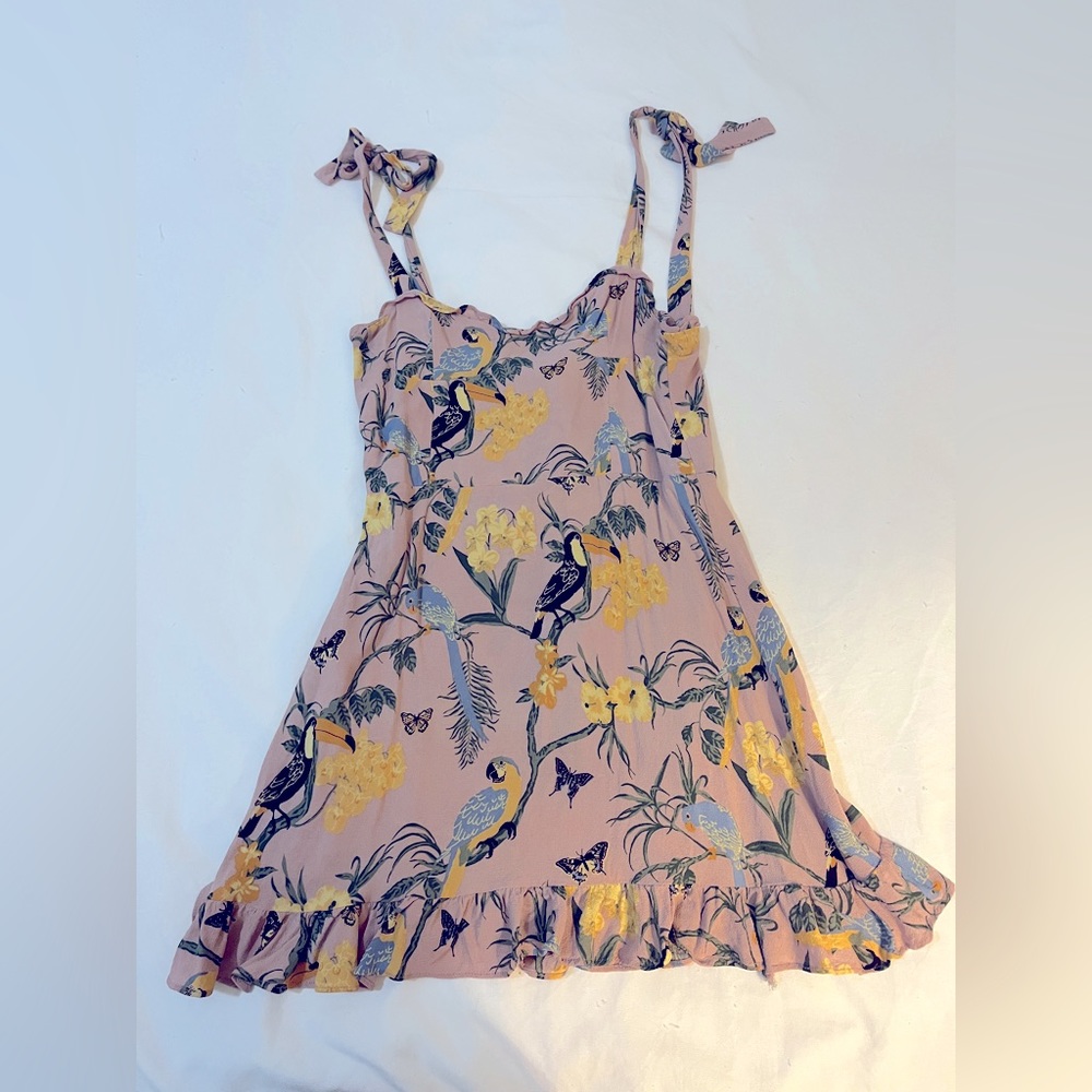Reformation Christine Conga Blush Toucan Tropical Mini Dress Sz 6, fits like 0/2